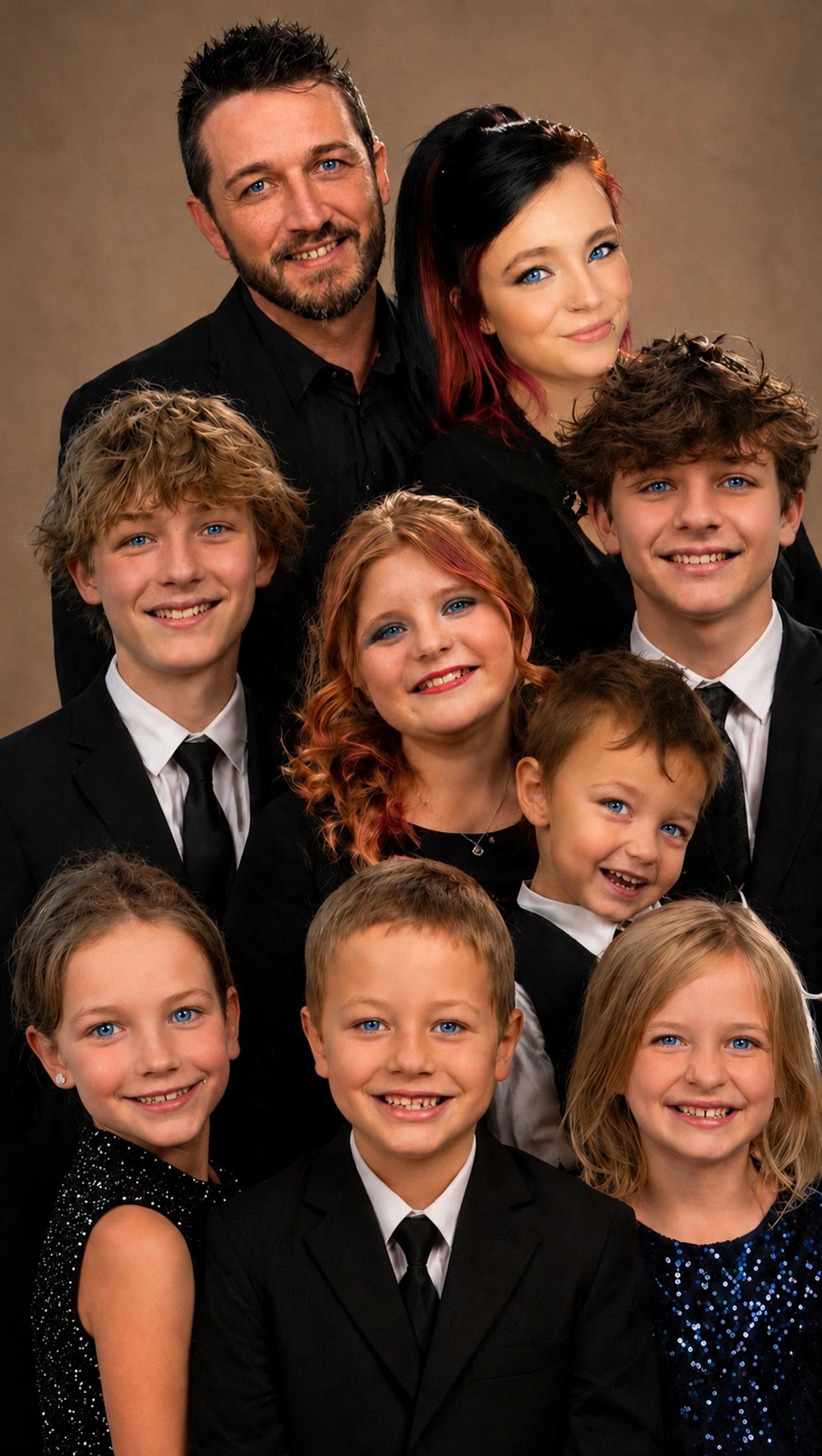 Smiling family portrait with nine members dressed in formal attire against a neutral background.