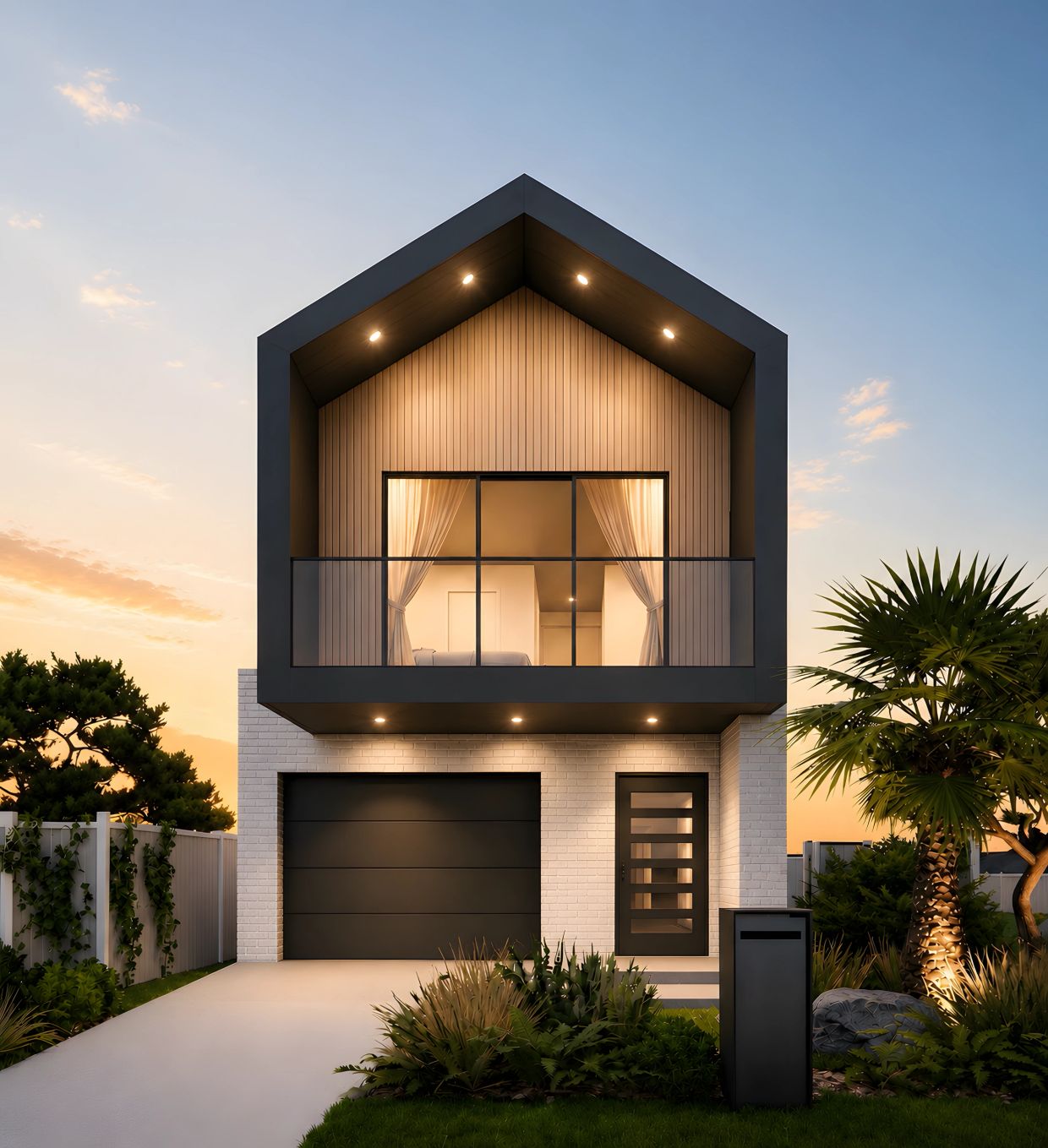 Modern two-story house with large windows and cozy lighting.