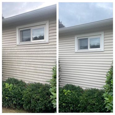 Before and after picture of a residential house treated with soft wash.