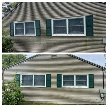 before and after of soft wash on siding treated and sprayed for mold and mildew