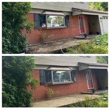 before and after picture of brick siding and sidewalk pressure washed and cleaned from grime