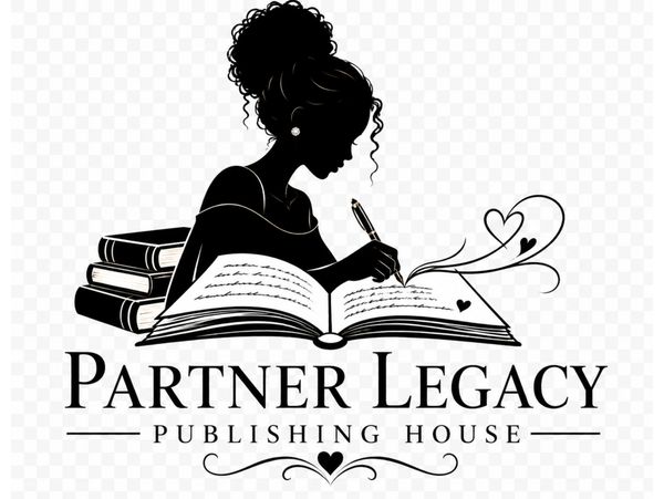 Silhouette of a woman writing in a book with hearts, logo for Partner Legacy Publishing House.