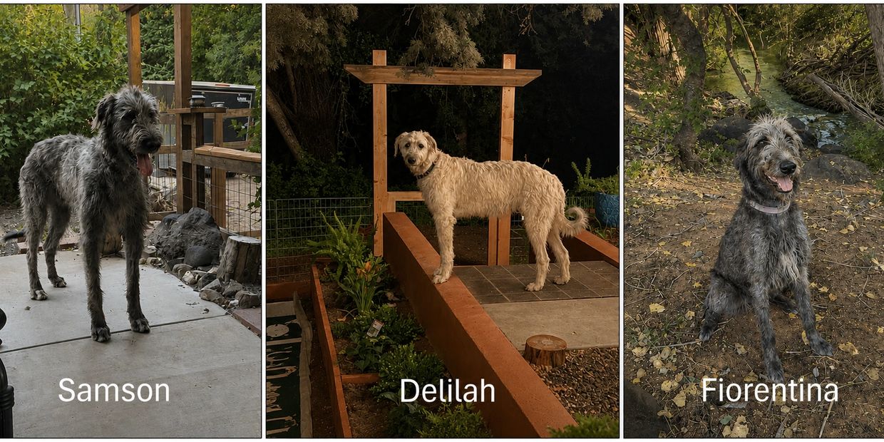 Three dogs named Samson, Delilah, and Fiorentina in outdoor settings.