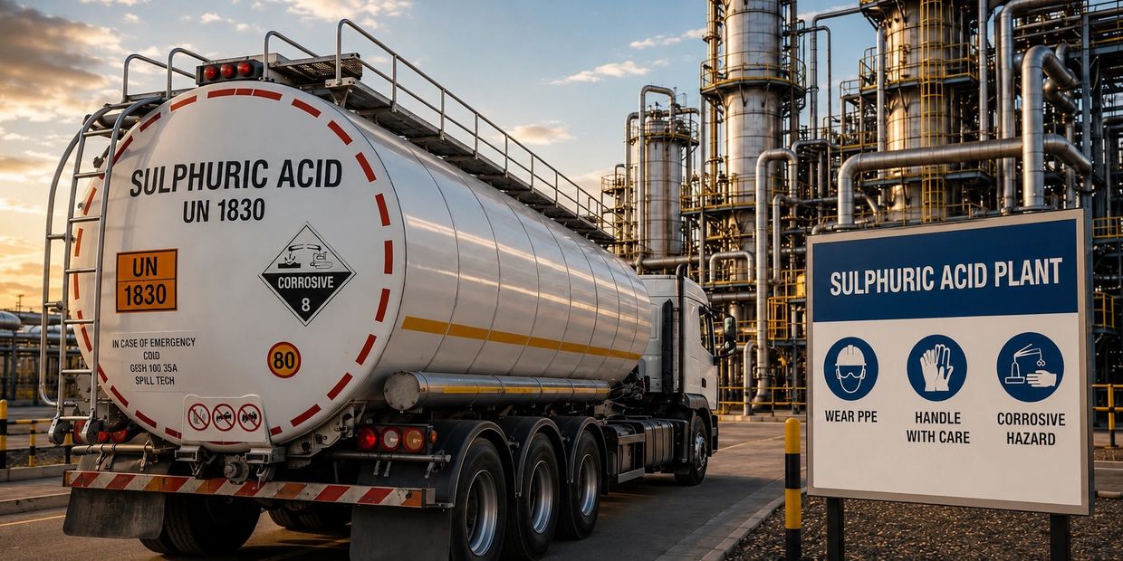 A tanker truck carrying sulphuric acid parked at a sulphuric acid plant with safety signs.