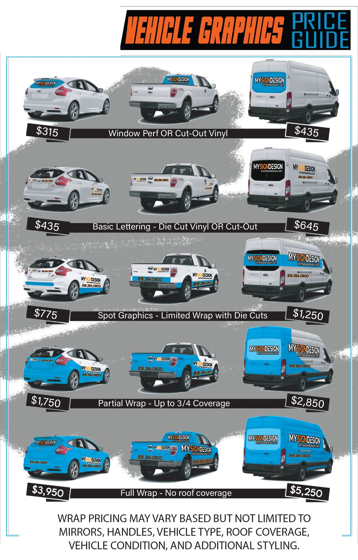 Vehicle graphics price guide with examples and costs for different wrap styles on cars and trucks.