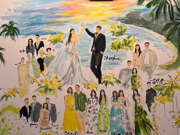 Colorful wedding portrait painting set against a seaside sunset backdrop.