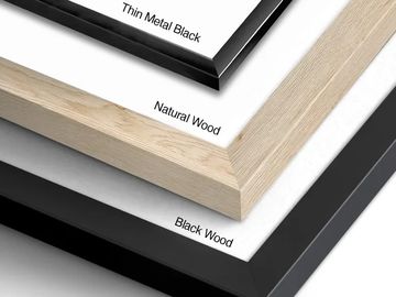 Three types of picture frames: thin metal black, natural wood, and black wood.
