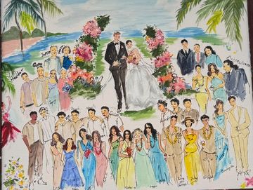 Framed watercolor wedding portrait displayed outdoors on an easel.