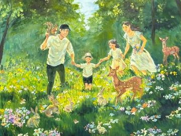 Family enjoying a sunny day in a forest clearing with animals and flowers.