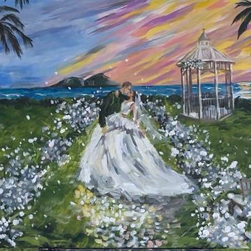 Painting of a couple embracing in a garden at sunset with a gazebo nearby.