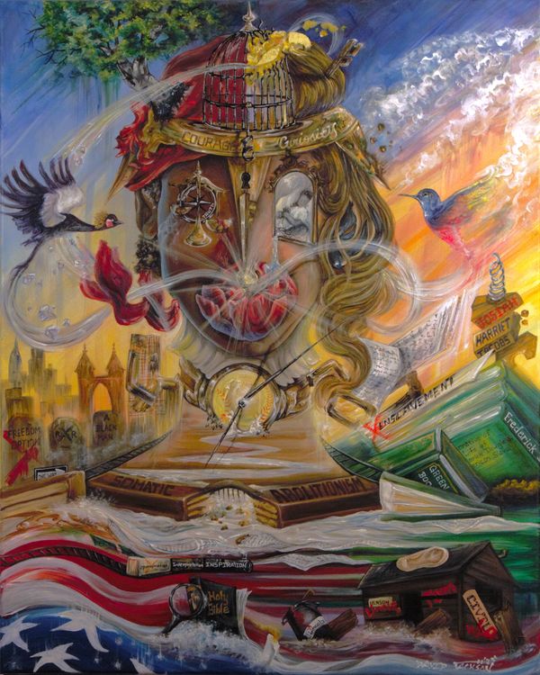 painting of split female portrait with crane and hummingbird whispering in woman's ears and US flag.