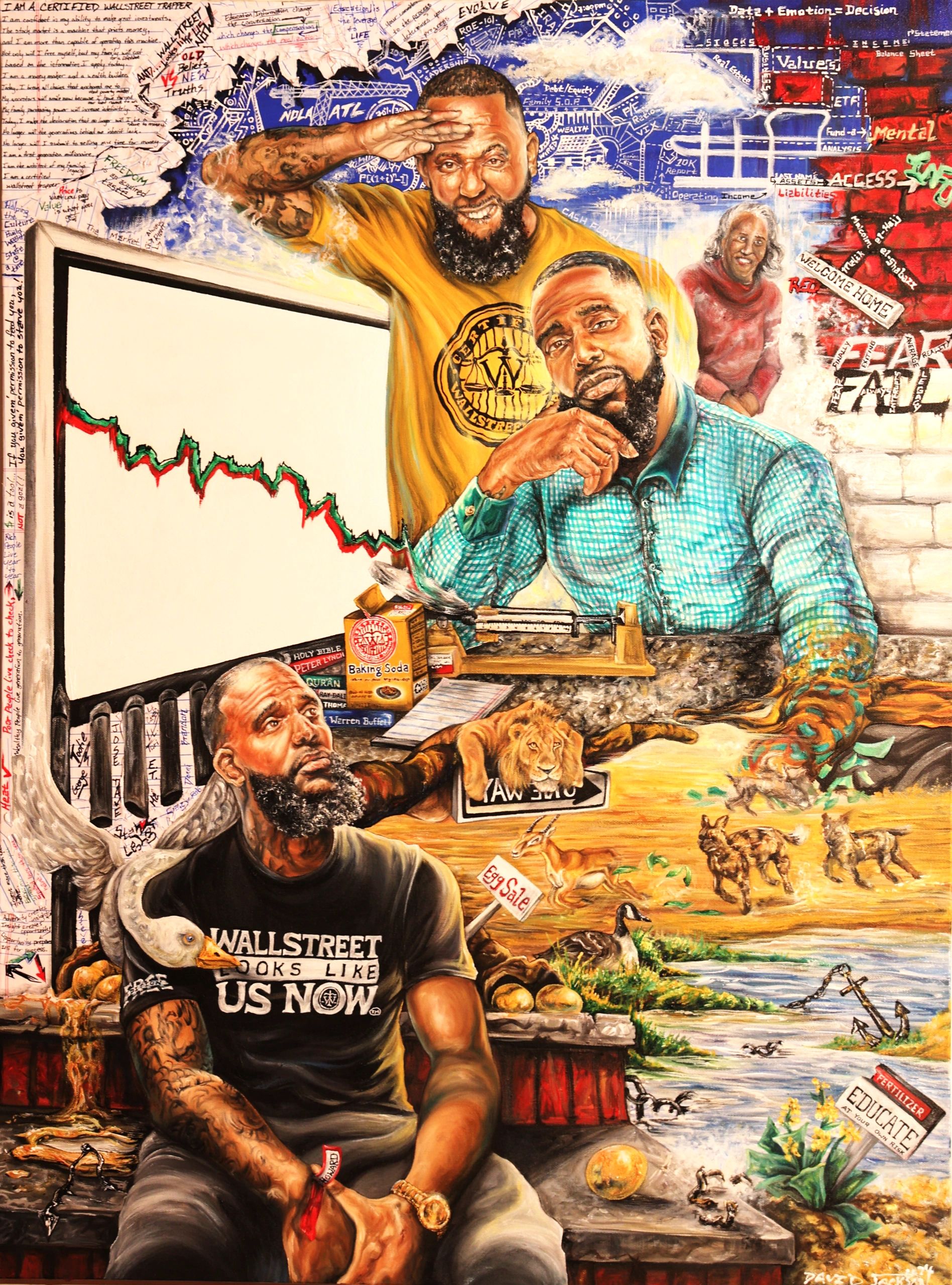 Painting of Wallstreet Trapper in three different positions with whiteboard and collage imagery