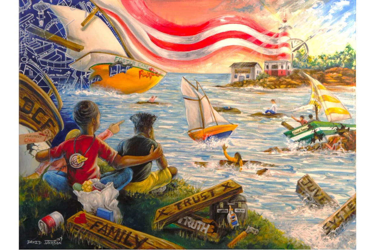 A blended family watch boats on a turbulent sea with symbolic wreckage around them.