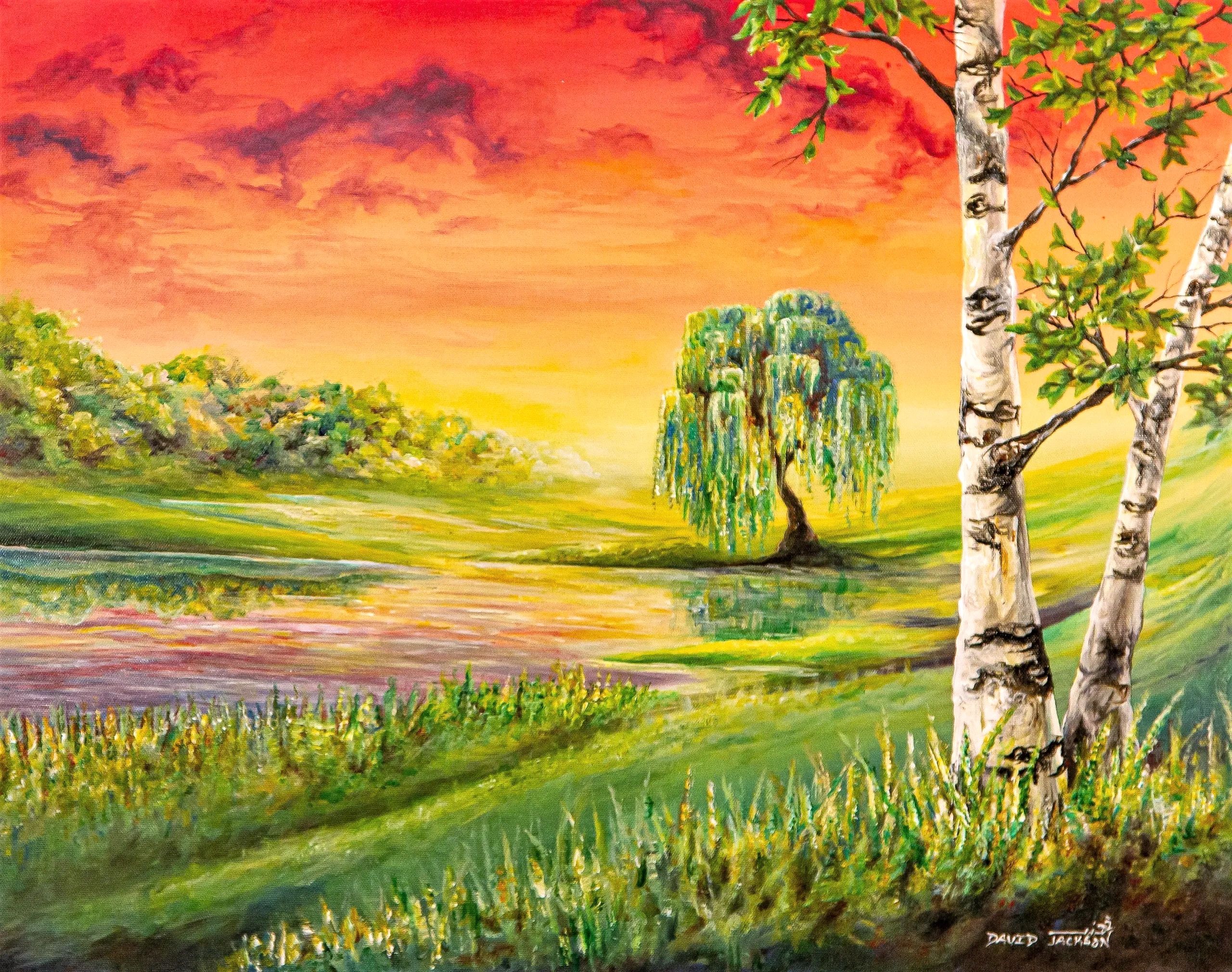 Sunset landscape painting with pond and birch tree and weeping willow tree