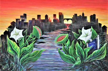 Venus flytrap plant and flowers with city and heart in background