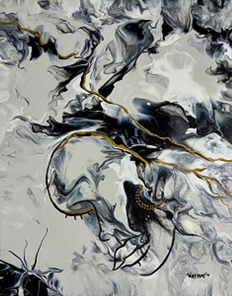 Abstract monochrome portrait of a contemplative woman emerging from fluid black and white paint