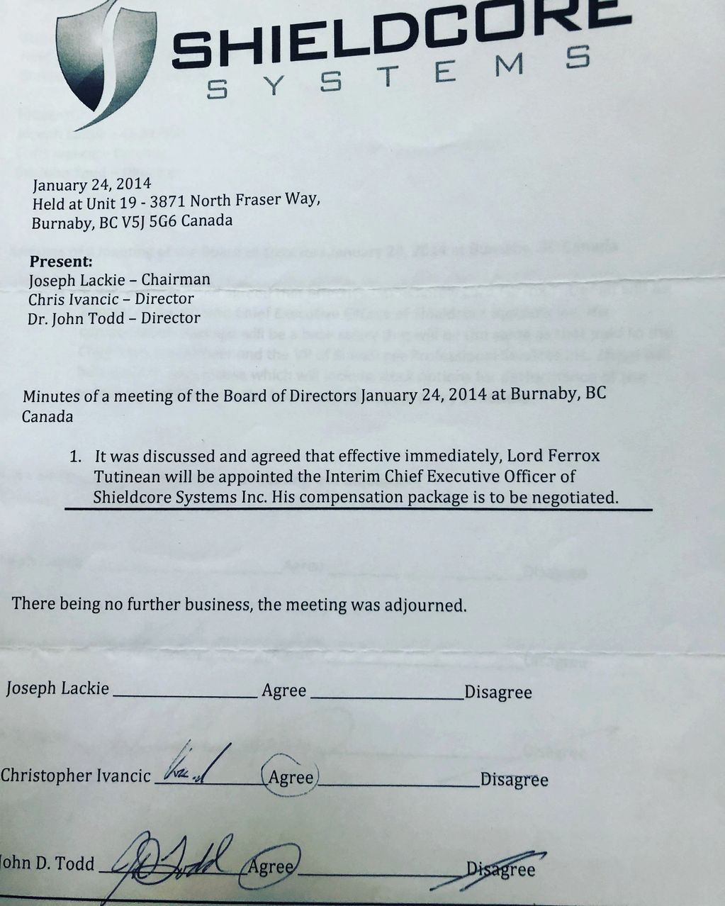 HIRING DOCUMENT, LORD FERROX TUTINEAN, EMPLOYMENT, CEO, SHIELDCORE SYSTEMS