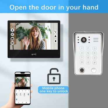 Smart door lock system with video intercom and mobile unlock feature.