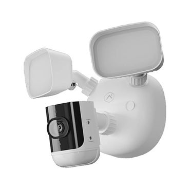 White outdoor security camera with two adjustable floodlights.
