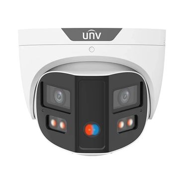 White and black security camera with dual lenses and LED lights.