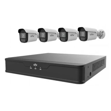 Four security cameras and a digital video recorder device for surveillance.