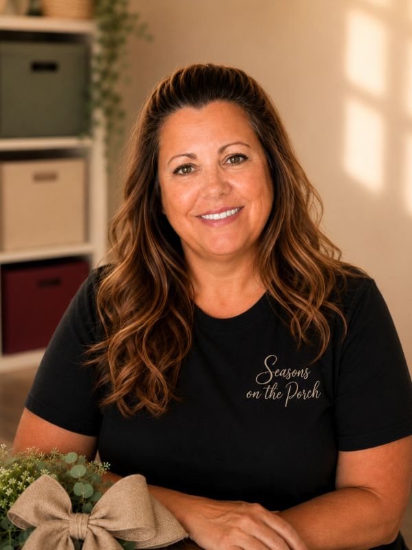Smiling woman with wavy hair wearing a black "Seasons on the Porch" t-shirt.
