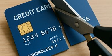 High-detail image of a credit card being cut in half.