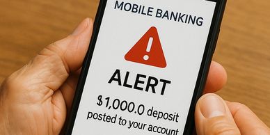 Close-up of an elderly person’s hands holding a phone with a mobile-banking alert onscreen.