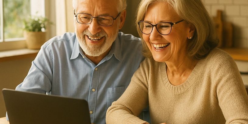 Smiling retired couple using laptop to review financial documents at sunny kitchen table.