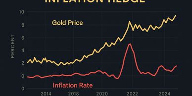 Infographic-style chart visualizing gold prices (yellow line) versus inflation (red line)