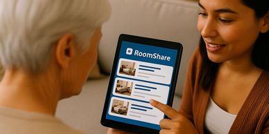 A senior homeowner and a younger renter browsing a “RoomShare” app.