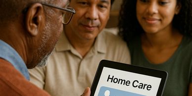 Older gentleman holds the “Home Care” tablet while two relatives—one middleaged, one younger look on