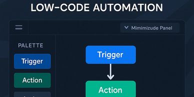 High-contrast illustration of a “Low-Code Automation” toolkit interface.