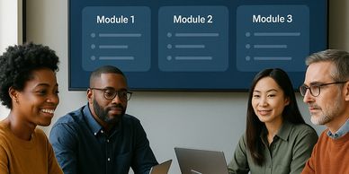 A diverse team of mid-career professionals in a modern learning space.