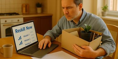 A laid-off worker reskilling on a laptop, holding a box with an office plant.
