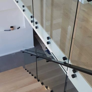 matte black handrail, stairs, balustrade, handrail, glass, timber stair, home
