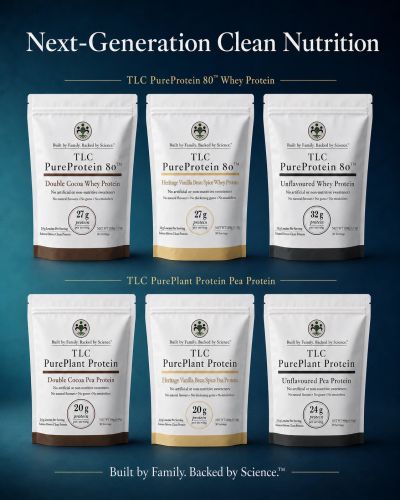 Six TLC protein powder packages displayed against a blue background.