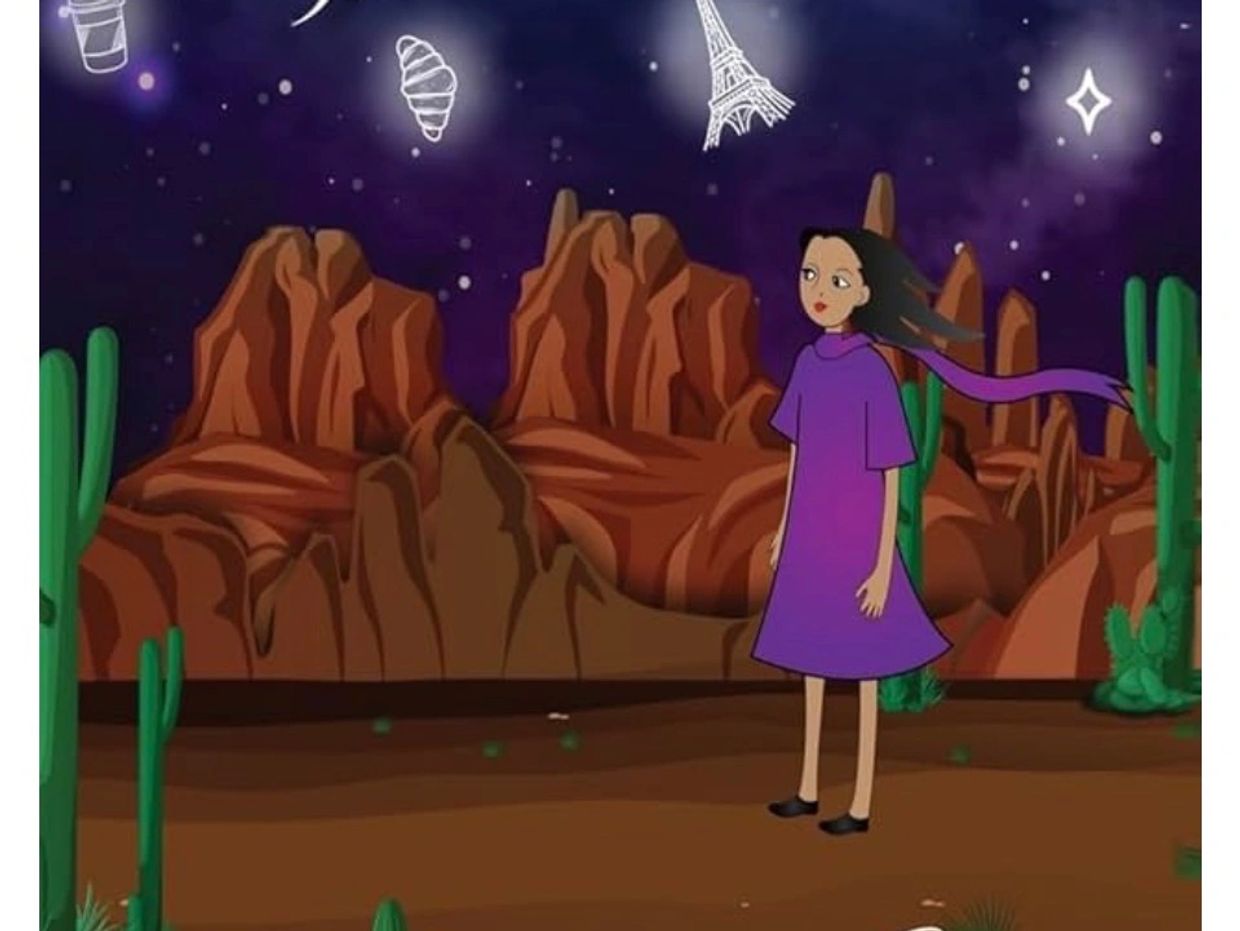 A girl in purple stands in a desert under a starry sky with floating Paris-themed icons.