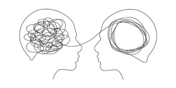 Two heads with tangled and untangled lines representing communication.