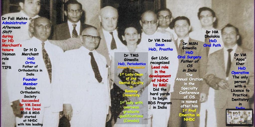 Historical group photo of dental professionals with their roles and contributions labeled.