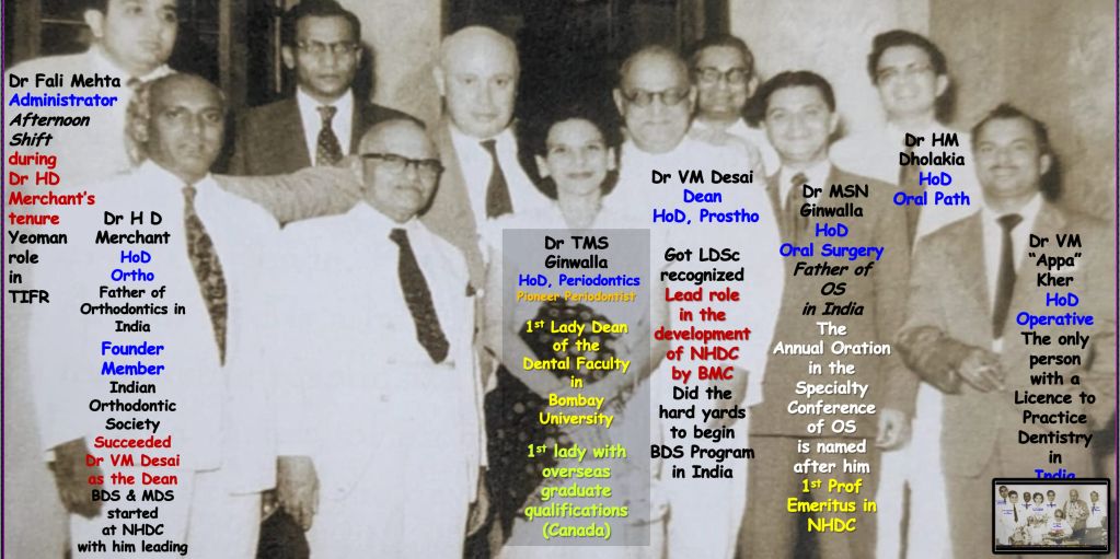 Historical group photo of dental professionals with their roles and contributions labeled.