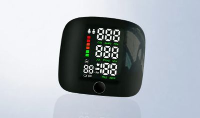 A sleek digital display device with multiple colorful indicators and a single button.