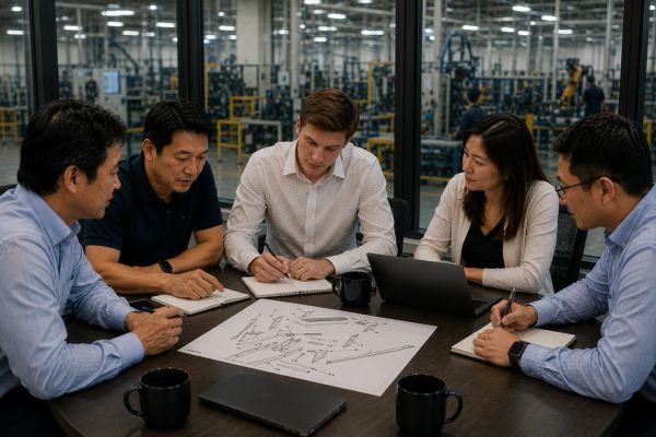 Five professionals collaborate over technical blueprints in a modern office.