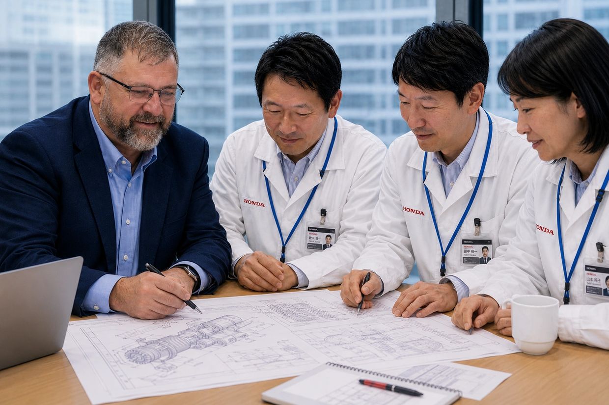 Team reviewing engineering blueprints in a meeting.