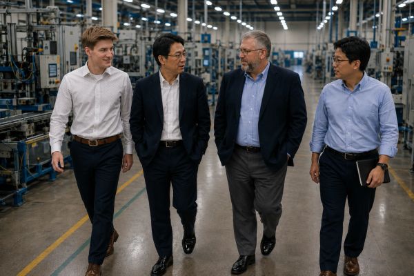 Four business professionals walking and talking in a manufacturing facility.