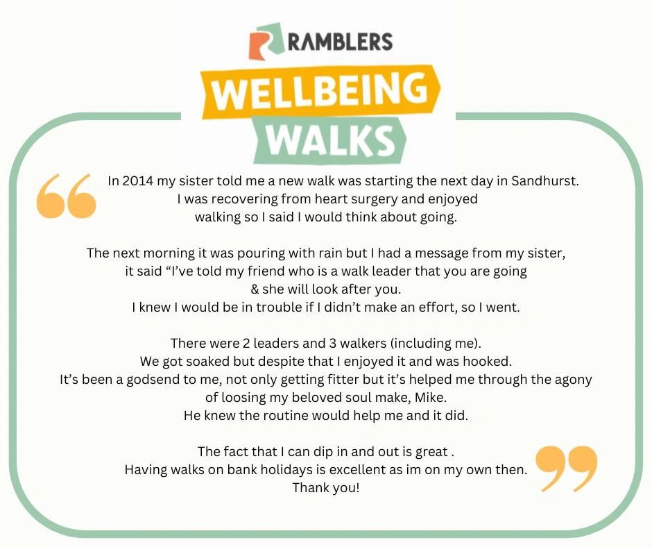 Personal testimony about the positive impact of Ramblers Wellbeing Walks on recovery and coping with loss.