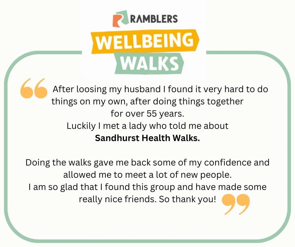 Testimonial praising Sandhurst Health Walks for boosting confidence and friendship after loss.