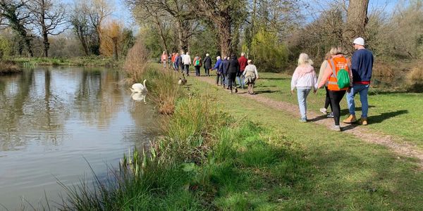 Group of people walking along a lakeside path on a sunny day.