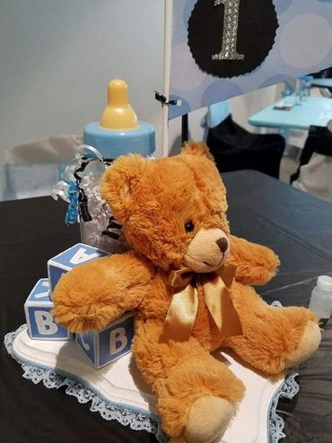 Custom Centerpiece - Boy Baby Shower in light blue, black, and white with a bear, blocks, and bottle