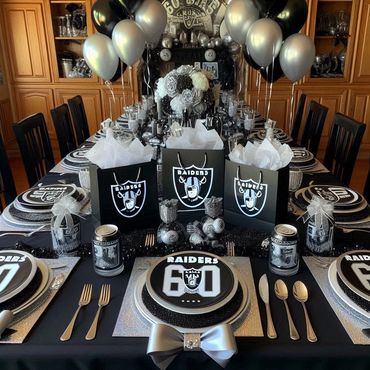 Black, White, and Silver, Raiders themed 60th Birthday Bash! Great for all the sports fanatics!